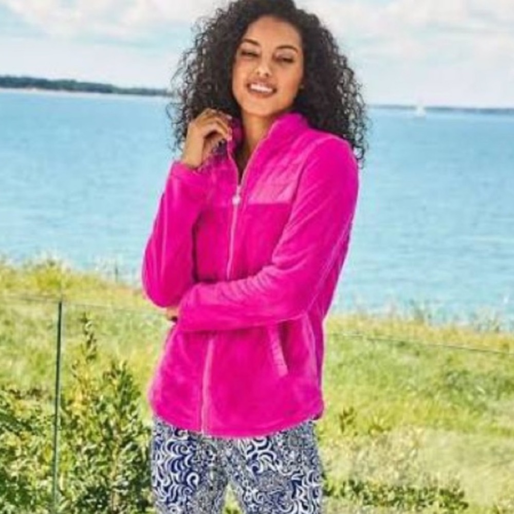 Lilly Pulitzer Leona Plush Zip Up Jacket Elderberry Hot Pink Fleece Size Large